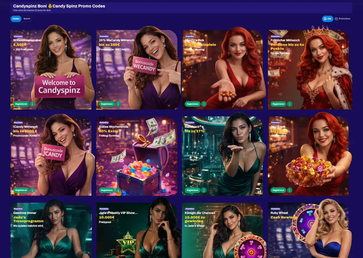 CandySpinz Casino Bonus und Aktionscodes – Willkommenspaket bis 1.500 €